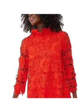 NWT Tuckernuck Women's XS Guipure Red Lace Blouse 3/4 Sleeve Ruffle Bow 2425-33